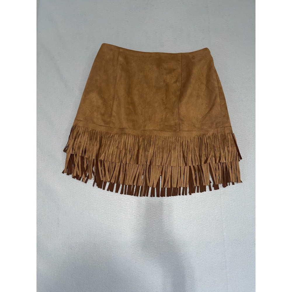 Relish Noless Mini A Line Skirt Womens Large Brown Stretch Fringe‎ Hem Back Zip